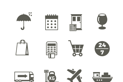 Global delivery, shipping truck and package vector icons