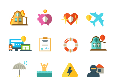 Long life insurance vector flat icons. Family money protection symbols