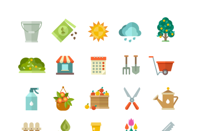 Garden tools, gardening equipment flat vector icons