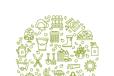 Farming equipment, planting, flowers, garden line vector icons