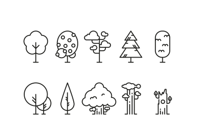 Primitive simple contour line trees. Nature plants symbols