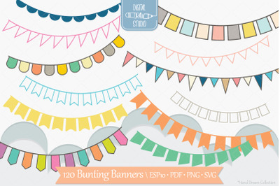 Colorful Bunting Banners | Hand Drawn Triangular Garland | Esp Png Svg