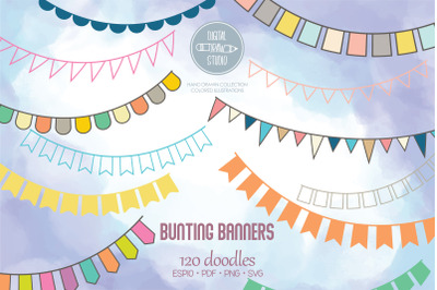 Colorful Bunting Banners | Hand Drawn Triangular Garland | Esp Png Svg