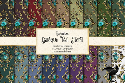 Baroque Teal Floral Digital Paper