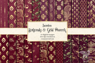 Burgundy and Gold Peacock Digital Paper