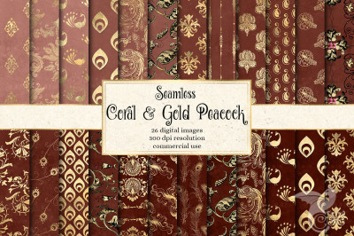 Coral and Gold Peacock Digital Paper