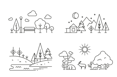 Nature landscape outline icons with tree, plants, mountains, river