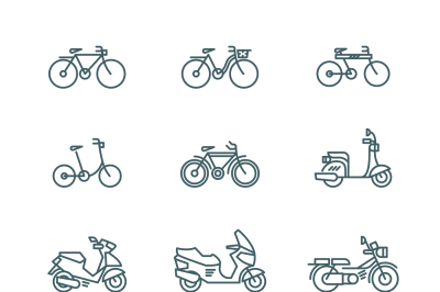 Motorbike, motorcycle, scooter, bike, bicycle thin line vector icons