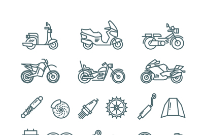 Motorcycle, auto parts and motorbike accessories vector line icons