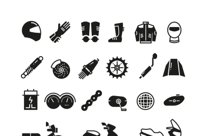 Racing motorcycle, motorbike parts and transportation vector icons