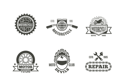 Race, motorcycle, motorbike repair vector retro labels, logo, badges a