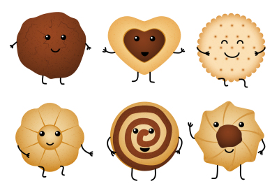 Cute cartoon funny cookies, bakery characters vector collection