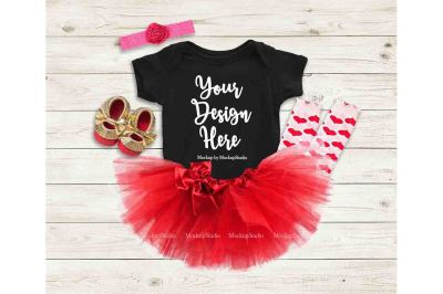 Baby Girl Black Bodysuit Mockup, Toddler Valentine Onepiece Flat Lay