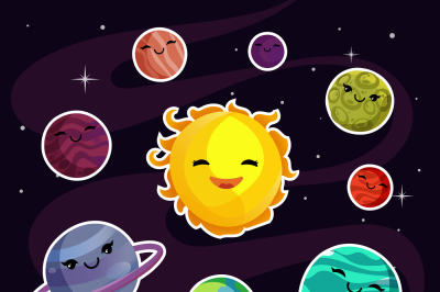 Cute and funny cartoon planets stickers of solar planetary system. Kid