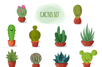 Funny and cute cartoon desert cactus in pots vector set