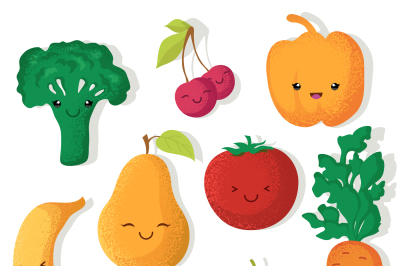 Cartoon funny fruits and vegetables vector characters