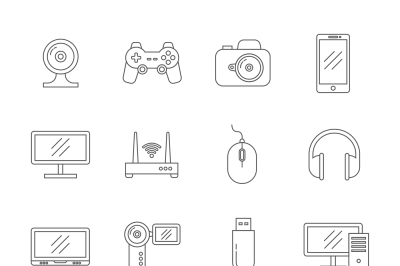 Gadgets and computer technology thin line vector icons
