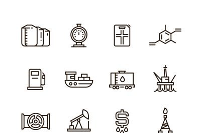 Oil and gas manufacturing and industrial equipment vector line icons