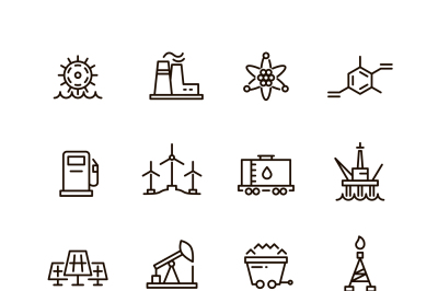 Energy industry and power factory modern industrial vector line icons