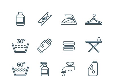 Clean laundry and dryer service vector line icons