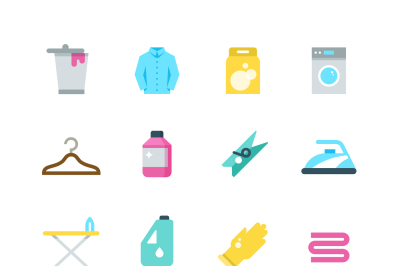 Household washing, drying and laundry vector flat icons
