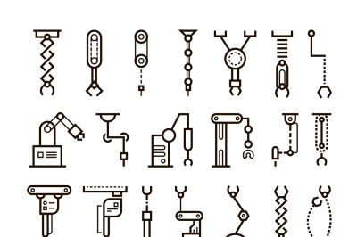 Manufacturing industrial robot, robotic arms vector line icons