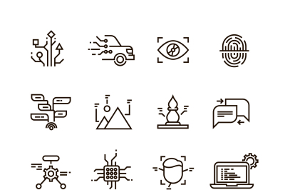 Neural network, artificial intelligence line vector icons. Face, speec