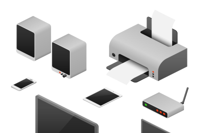 Digital workstation isometric vector computers, supplies of office wor