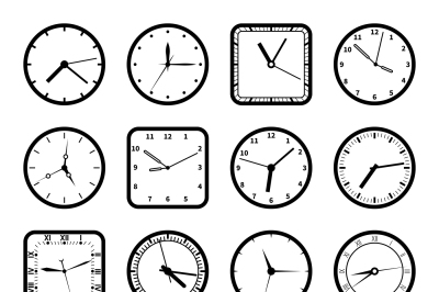 Digital wall clock faces, time vector icons set