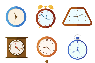 Wall clock and alarm clocks, time vector flat icons