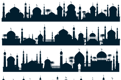 Islamic city skylines with mosque and minaret vector silhouettes arabi