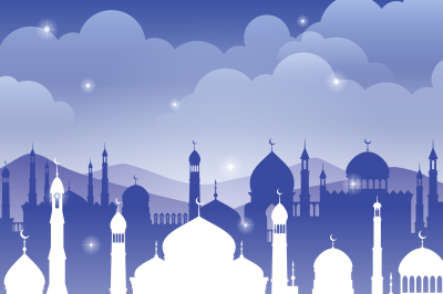 Arabic vector background with mosque. Muslim faith ramadan kareem gree