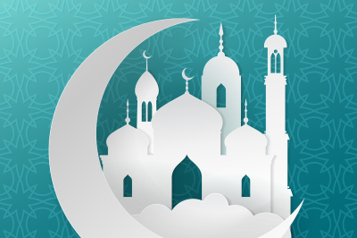 Ramadan Kareem islamic greeting vector background with paper mosque