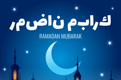 Ramadan Kareem greeting vector poster with moon, mosque and starry sky