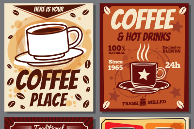 Cafe and restaurant retro posters vector templates with coffee stain