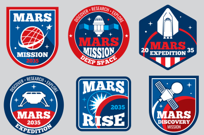 Mars mission vector space emblems. Astronaut travel badges