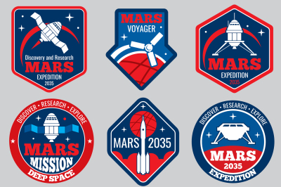 Mars colonization vector retro space logos and labels set