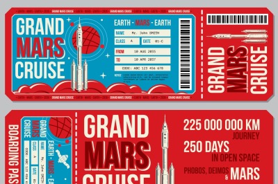 Space travel boarding pass vector template. Journey to Mars tickets