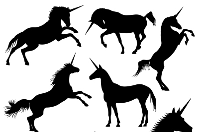 Mythical rebellious unicorn vector black silhouettes