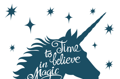 Inspiring unicorn silhouette with positive phrase lettering magic vect