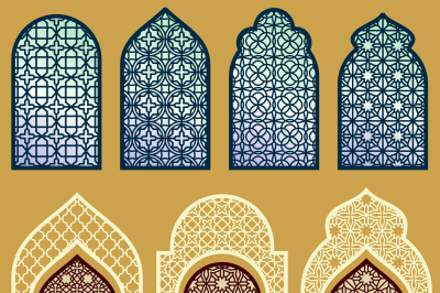 Islamic windows and doors with arabian art ornament pattern vector set