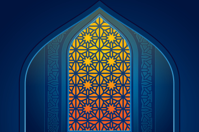 Ramadan greeting vector card with glass arabic window of islamic mosqu