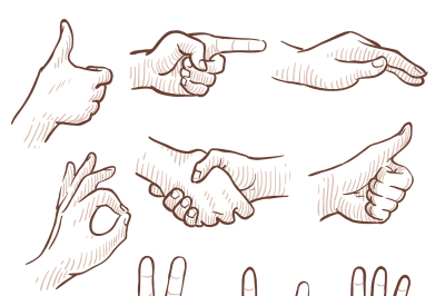 Hand drawing sketch man hands showing different gestures vector set