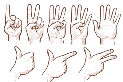 Hand drawing sketch man hands showing numbers vector doodle set