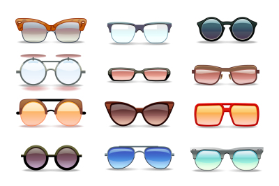 Summer sunglasses, fashion eyeglasses flat vector icons