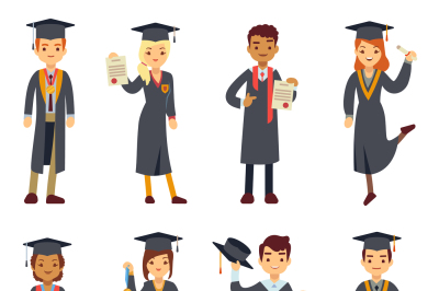 Young college graduate and university students vector characters set