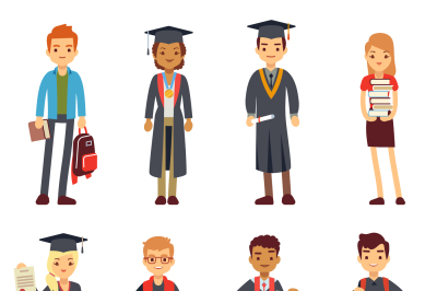 Happy students and graduates young learning people vector characters