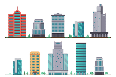 Buildings and modern city houses flat vector icons