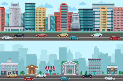 City street with cars and buildings. Vector wrapper panoramic urban de