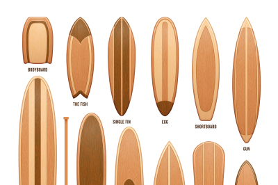 Wooden surfboards isolated on white vector illustration